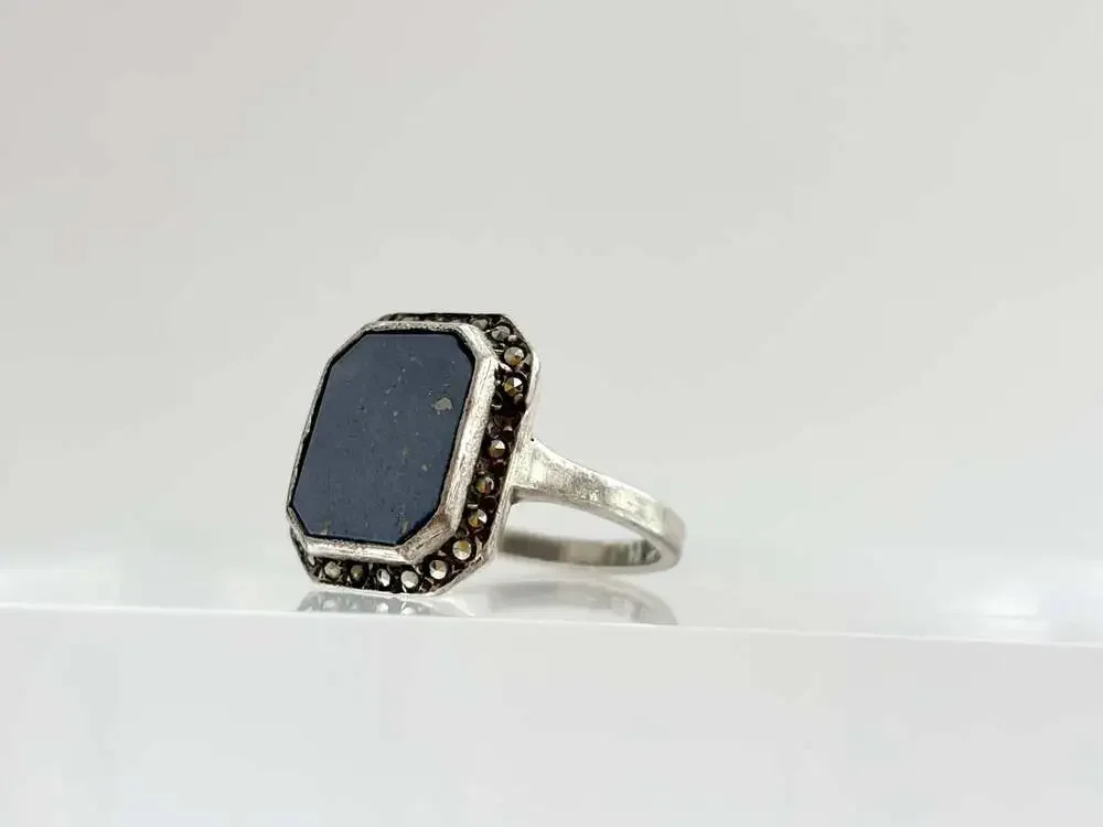 Lapis Lazuli Blue Octagon Shaped Marcasite Framed Gemstone Bezel Set Sterling Si